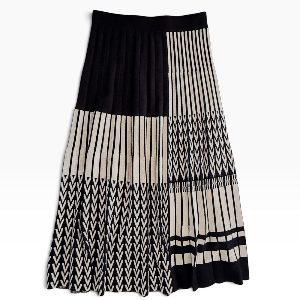 Luna Black White Geometric Knit Midi Skirt Chevron Stripe A-Line Large